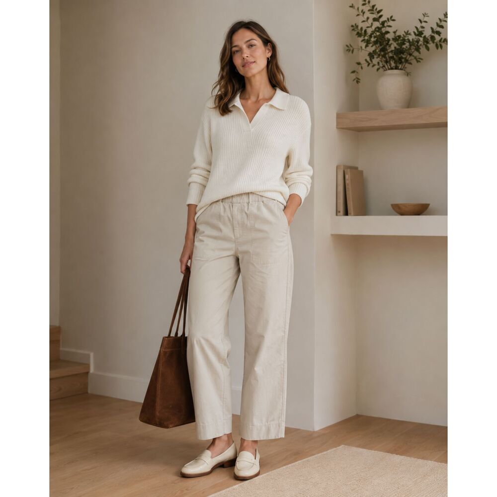 Quince Cream Organic Stretch Cotton Wide Leg Chino Pants Trousers Women's Sz 14